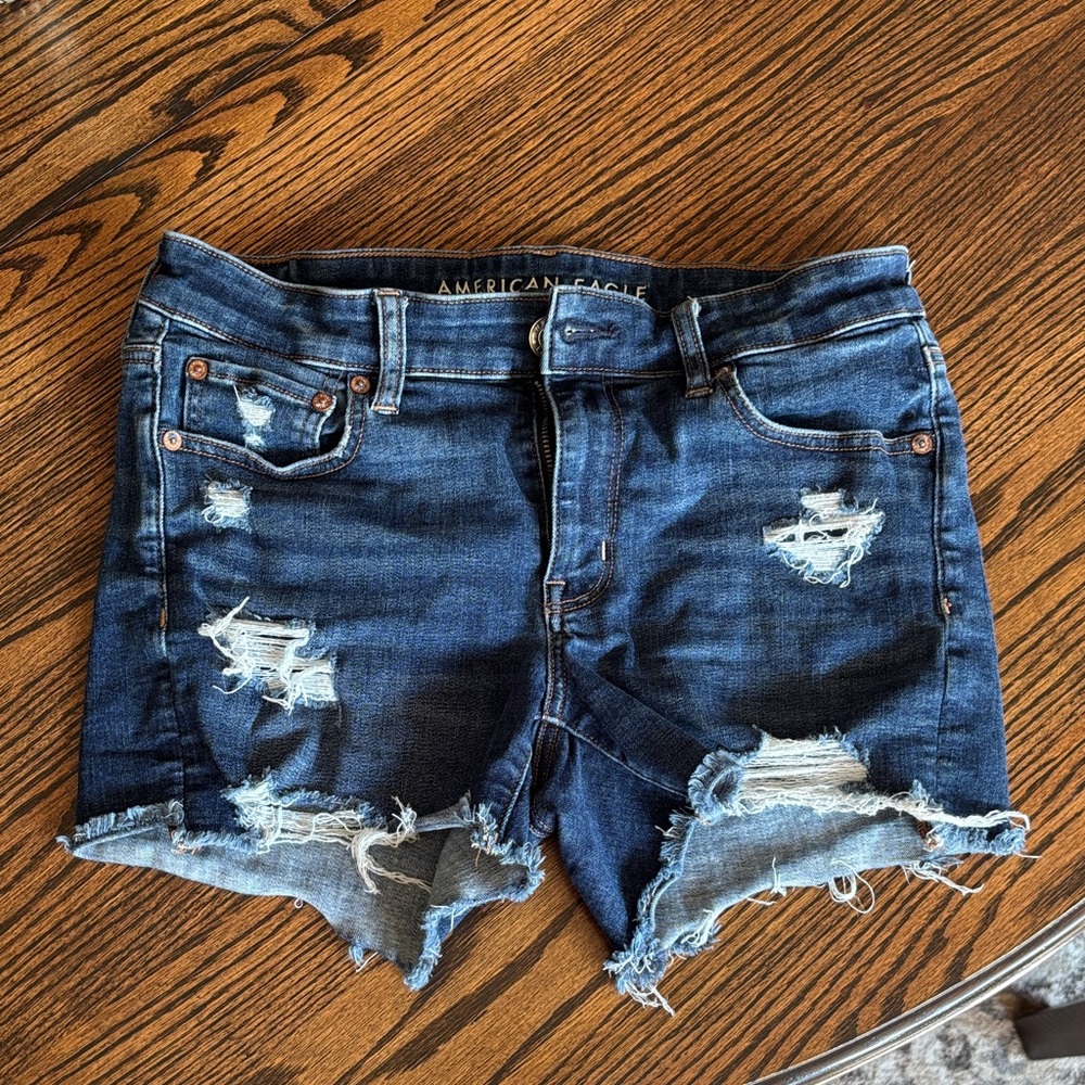 American Eagle Outfitters Women's Ripped Blue Midi Jean Shorts
